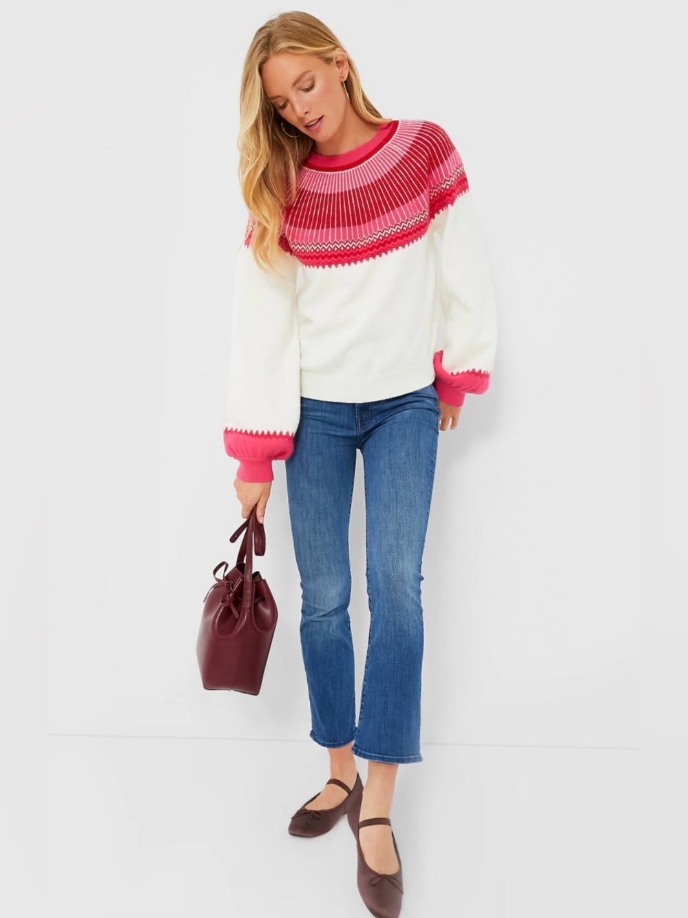 Hyacinth House Dove Fair Isle Sweater in Pink Red and Cream Size Medium